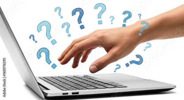 Fototapeta Female hand pointing at laptop with question marks representing confusion inquiry decision making or search for digital answers and guidance
