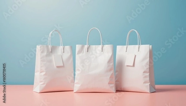 Obraz Three white shopping bags sit on a pink surface against a blue background with tags attached to two of the bags