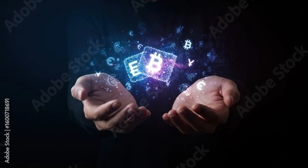 Obraz Hands cradle glowing Bitcoin  Euro symbols amidst currency icons set against a dark background