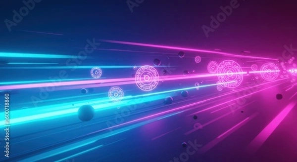 Obraz Neon streaks of blue and pink with glowing circles and floating orbs in a dark abstract space