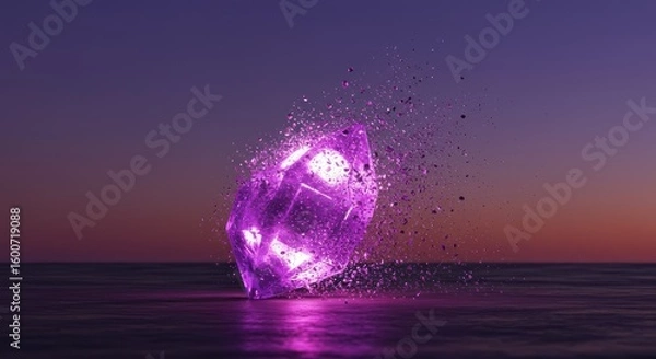 Obraz Radiant purple crystal emitting particles resting on water under a twilight sky