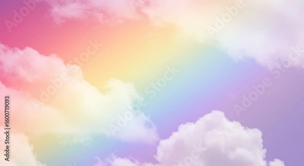 Obraz Rainbow colors fill the sky with fluffy clouds transitioning from pink to purple