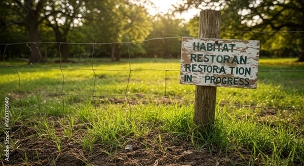 Obraz Sign reading Habitat Restoration in Progress on a post beside a wire fence in a sundrenched grassy field