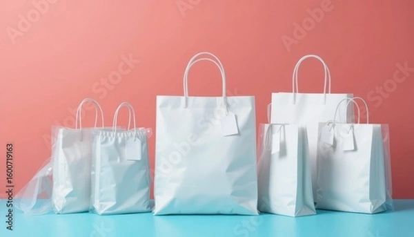 Obraz Six white shopping bags of varying sizes are arranged on a blue surface against a salmoncolored background