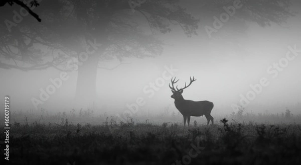 Obraz Solitary stag standing in a foggy field silhouetted against a background of trees