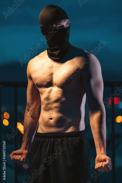 Fototapeta Muscular athlete with mask posing powerfully at night, showcasing strength and mystery, Toned man with face covering displaying power and intensity in evening silhouette