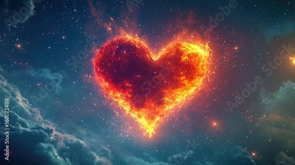 Fototapeta Fiery heart in cosmic night sky abstract passion and energy design