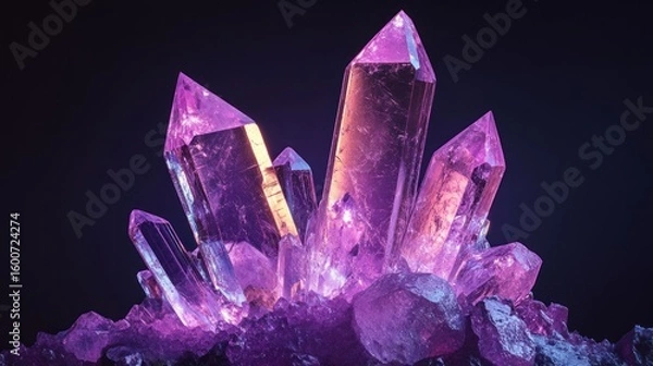 Fototapeta Luminous purple crystal cluster sparkling gemstone formation mystical energy illuminated mineral vibrant violet geode