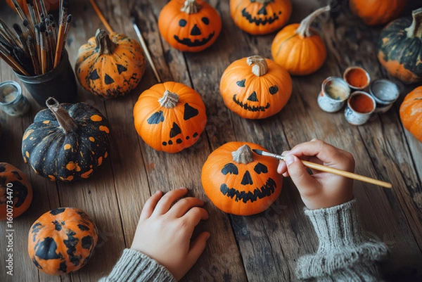 Fototapeta Top-down view of hands painting spooky faces on mini pumpkins for Halloween DIY, creative autumn setting.
