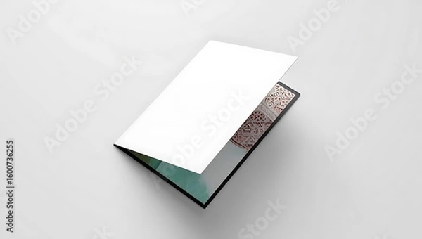Fototapeta Open invitation card with white blank paper and decorative silver pattern on a white surface