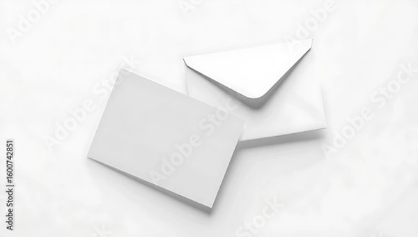 Fototapeta A blank white card and envelope laying on a white surface in a minimalist composition style image