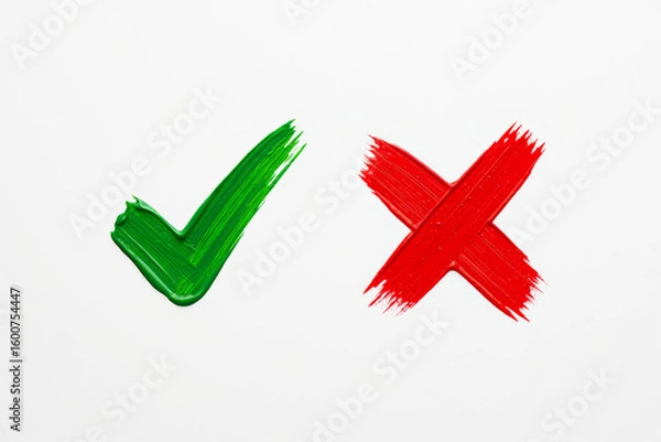 Fototapeta Hand-Painted Checkmark and X Icons – Green for OK, Red for Error – on White