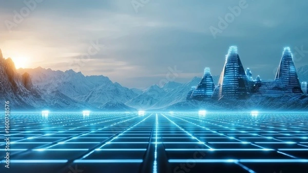 Fototapeta Futuristic digital landscape with glowing grid ground and pyramid-like structures against a mountainous backdrop under a serene sky.