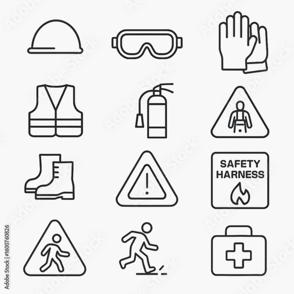 Fototapeta A comprehensive collection of essential personal protective equipment and hazard warning signs depicted as clean line icons for workplace safety.