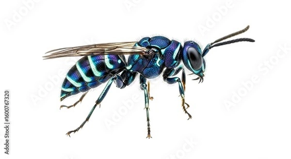 Fototapeta A detailed macro photograph of a vibrant blue metallic wasp with black stripes isolated on a white background