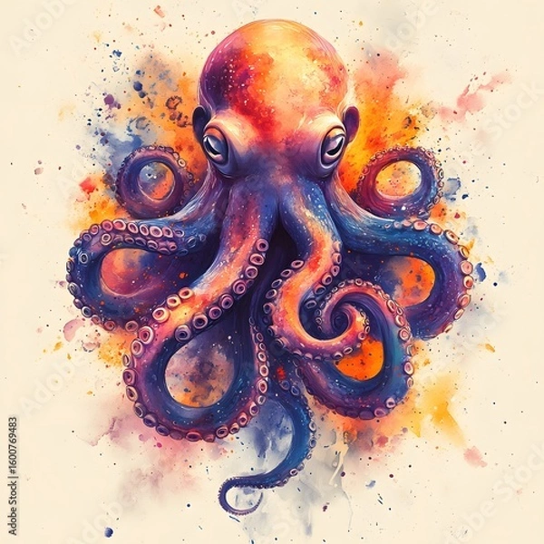 Fototapeta A vibrant octopus illustrated in a flat design style with dynamic watercolor splashes, showcasing a lively blend of purple, blue, and orange hues.
