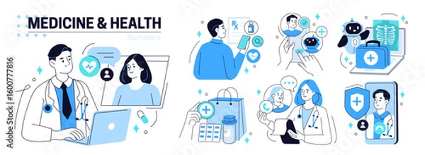 Fototapeta Medicine and health set. Doctor characters use ai and other digital tools for patient support, diagnosis, medical analysis, prescription. Healthcare technology concept. Vector illustration.
