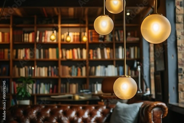 Fototapeta Cozy library interior with leather sofa and warm lighting from pendant lamps, creating ambiance
