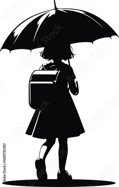 Obraz A school going kid walking with an Umbrella on a rainy day Vector Illustration on a white background