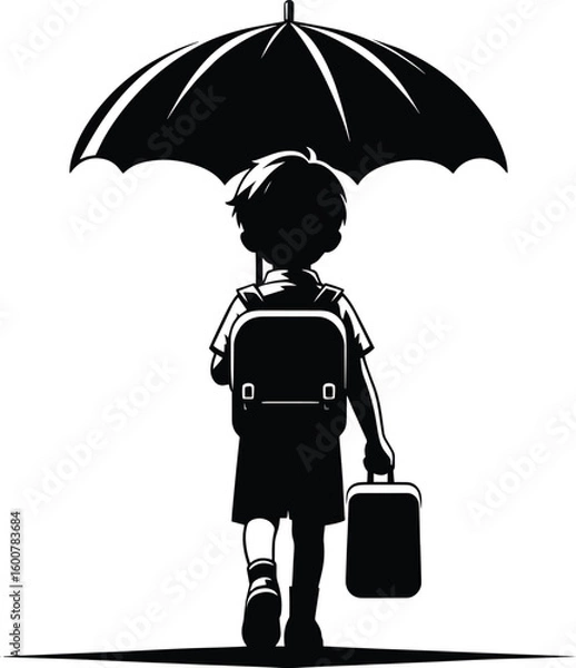 Obraz A school going kid walking with an Umbrella on a rainy day Vector Illustration on a white background