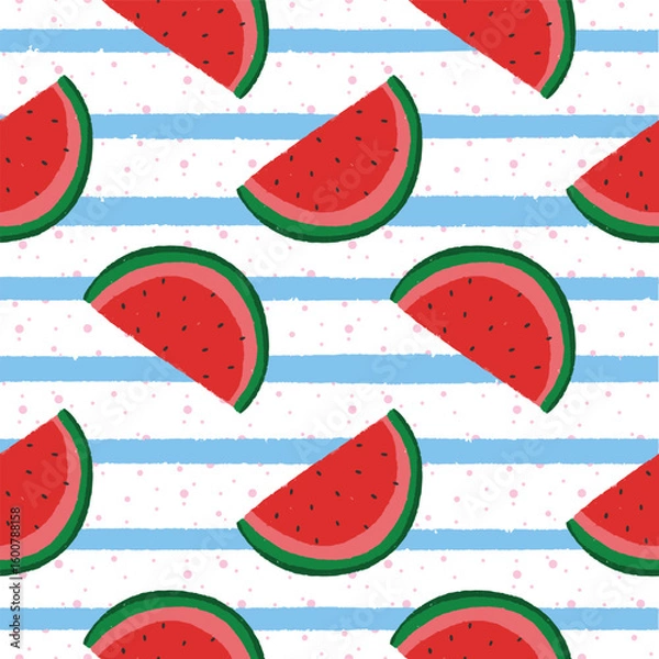 Obraz Watermelon on white and blue striped background seamless pattern