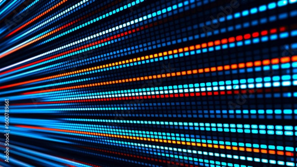 Fototapeta Digital flow. Light dynamics and pixel energy. The illustration shows a bright LED panel where bright multi-colored stripes create the effect of movement and energy. Vector illustration.