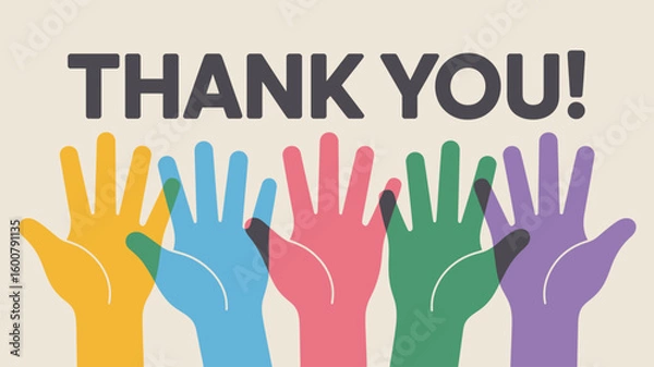 Fototapeta Gratitude with Raised Hands — Colorful Group of Diverse Hands Lifted Beneath “THANK YOU!” Text on Beige Background Symbolizing Unity and Appreciation