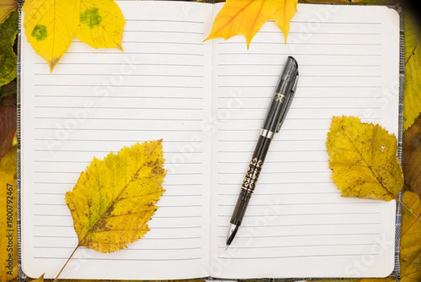 Fototapeta A cozy autumn workspace featuring an open notebook and a pen surrounded by vibrant yellow leaves