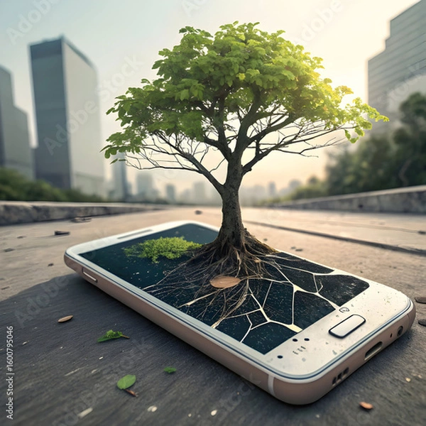 Fototapeta tree growing out of a broken phone nature vs tec
