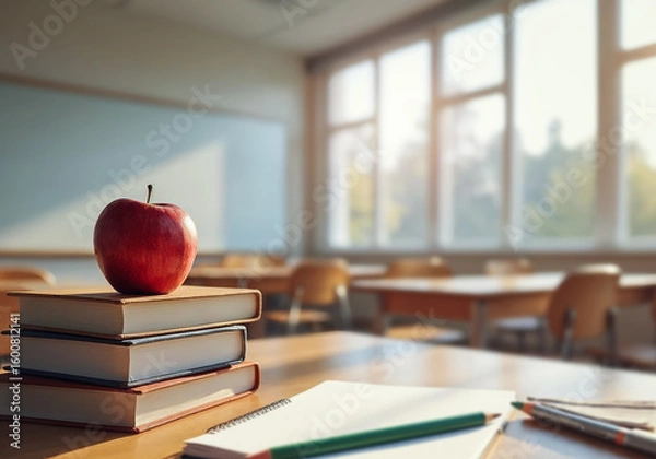 Fototapeta Close-up of school supplies arranged on wooden student desk, red apple and books with copy space. Blurred sunlight classroom interior background.