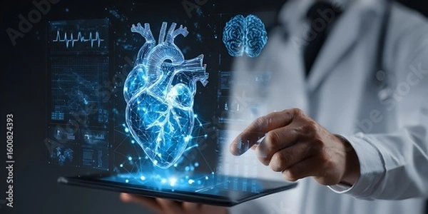 Fototapeta Doctor Examining a Holographic Heart and Brain for Comprehensive Health Analysis
