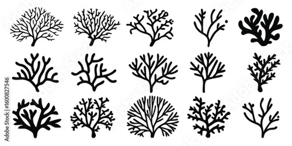 Fototapeta Collection of Black Silhouette Coral Illustrations Featuring Diverse Shapes and Branching Patterns on a Clean White Background, Ideal for Marine-Themed Designs