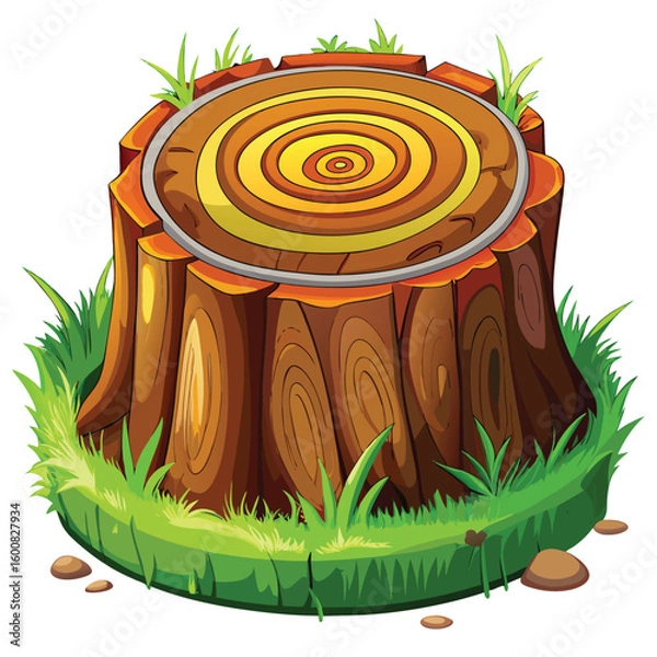 Obraz Cartoon Tree Stump Surrounded by Grass and Small Rocks Illustrates Natural Environment with Visible Growth Rings and Bark