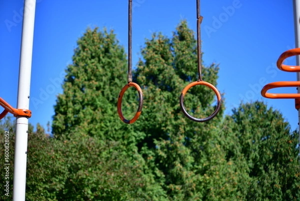 Fototapeta Colorful gymnastic rings hanging from a structure in a bright park surrounded by trees on a sunny day