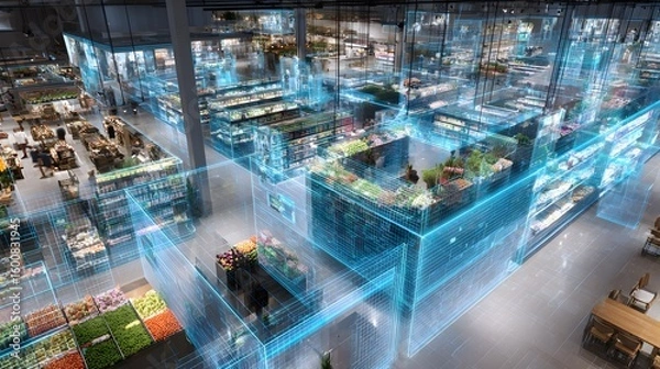 Obraz Supermarket interior with digital overlay showing data or information visualization.