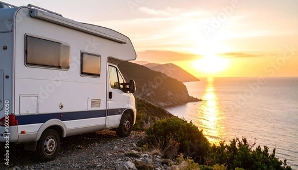 Obraz Campervan parked seaside at sunset glow