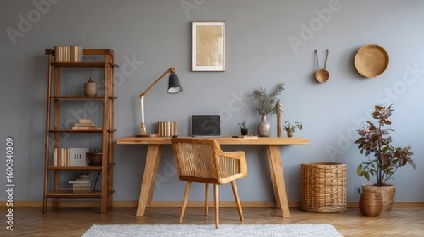 Fototapeta Beautiful photo of minimalist Workspace with Bamboo Accessories and Wooden Accents.