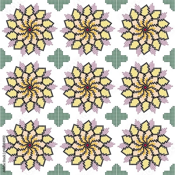 Fototapeta Cross-stitch floral seamless pattern with yellow and purple petals, geometric grid background. Vintage needlework-inspired textile design, perfect for fabric, wrapping, and wallpaper.