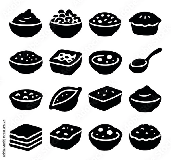 Fototapeta Food silhouette icon set: soup, salad, pie, pudding, spoon, loaf, dumpling, layered cake, beans