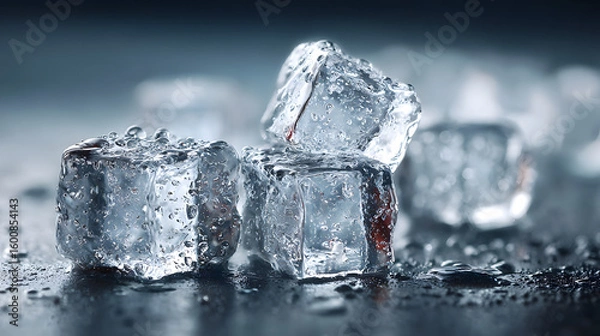 Fototapeta A close-up shot of pristine ice cubes, showcasing the pure, refreshing essence of chilled refreshment, perfect for drinks or cooling down. Automatic Ice Dispenser. Ice maker
