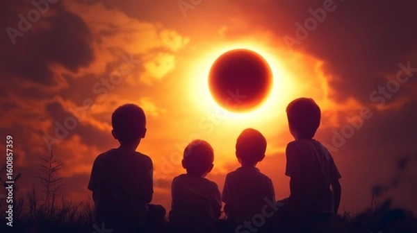 Obraz Children watch a solar eclipse at sunset.