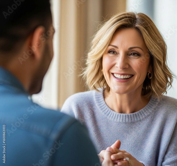 Fototapeta Woman Smiling And Expressing Gratitude During A Conversation