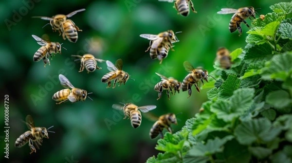 Obraz Close up image of bees diligently transporting nectar back to their hive for honey creation