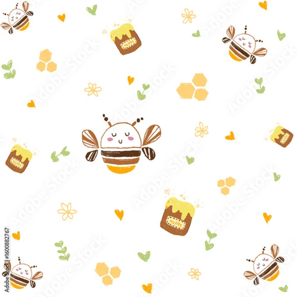 Fototapeta Honey Bee Pattern, Seamless Bee Pattern, Cute Hand Drawn Summer Flowers, Honeycomb Background, Hand Drawn Honey Template, Kids Fabric Design, Summer Illustration, Sweet Bee Pattern.