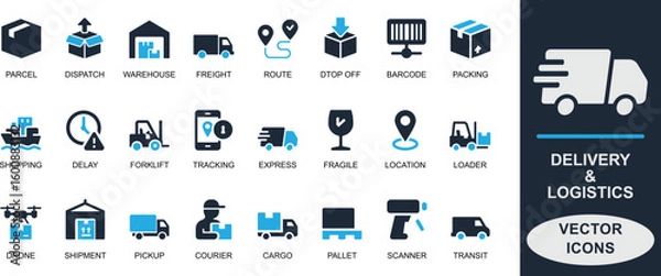 Fototapeta Delivery and logistics flat vector icons with parcel, courier, shipping, barcode, cargo, warehouse, tracking, route, and pallet. Best for apps, UI, and business use.
