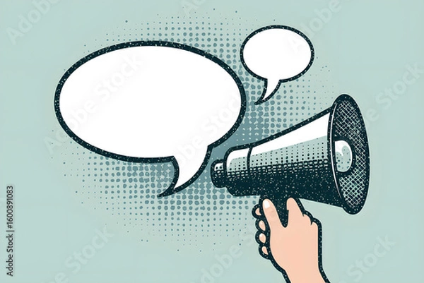 Fototapeta Voice of Authority: A hand grips a vintage megaphone with an empty speech bubble, offering space for an announcement or message delivery.