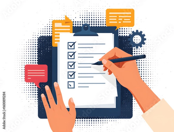 Fototapeta The Task Master: A focused illustration highlighting the concept of task management, a hand diligently marks a completed list on a clipboard.