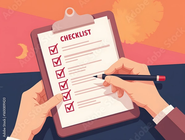 Fototapeta Completion of checklist: A person meticulously completes a checklist, with each item marked with a check, highlighting the importance of planning and organization. 