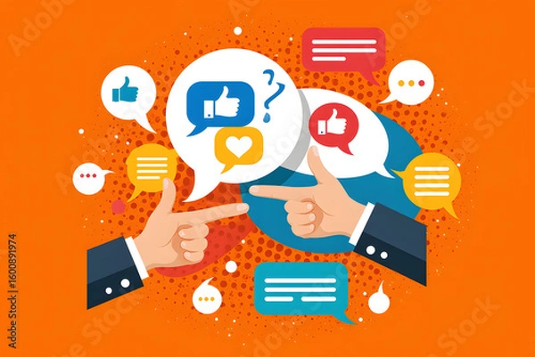 Fototapeta Digital Dialogue: Two hands engage in a lively exchange, surrounded by vibrant speech bubbles brimming with social media icons against a bold backdrop.