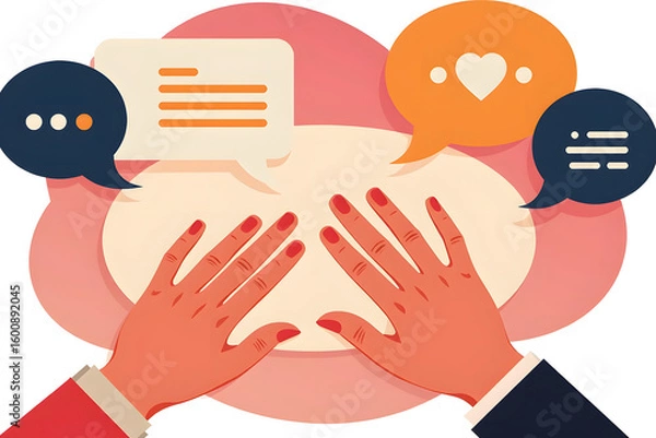 Fototapeta Interactive Dialog: A conceptual illustration depicts hands engaged in communication. Speech bubbles, filled with symbols, float above, symbolizing a conversation centered on connection and sentiment.
